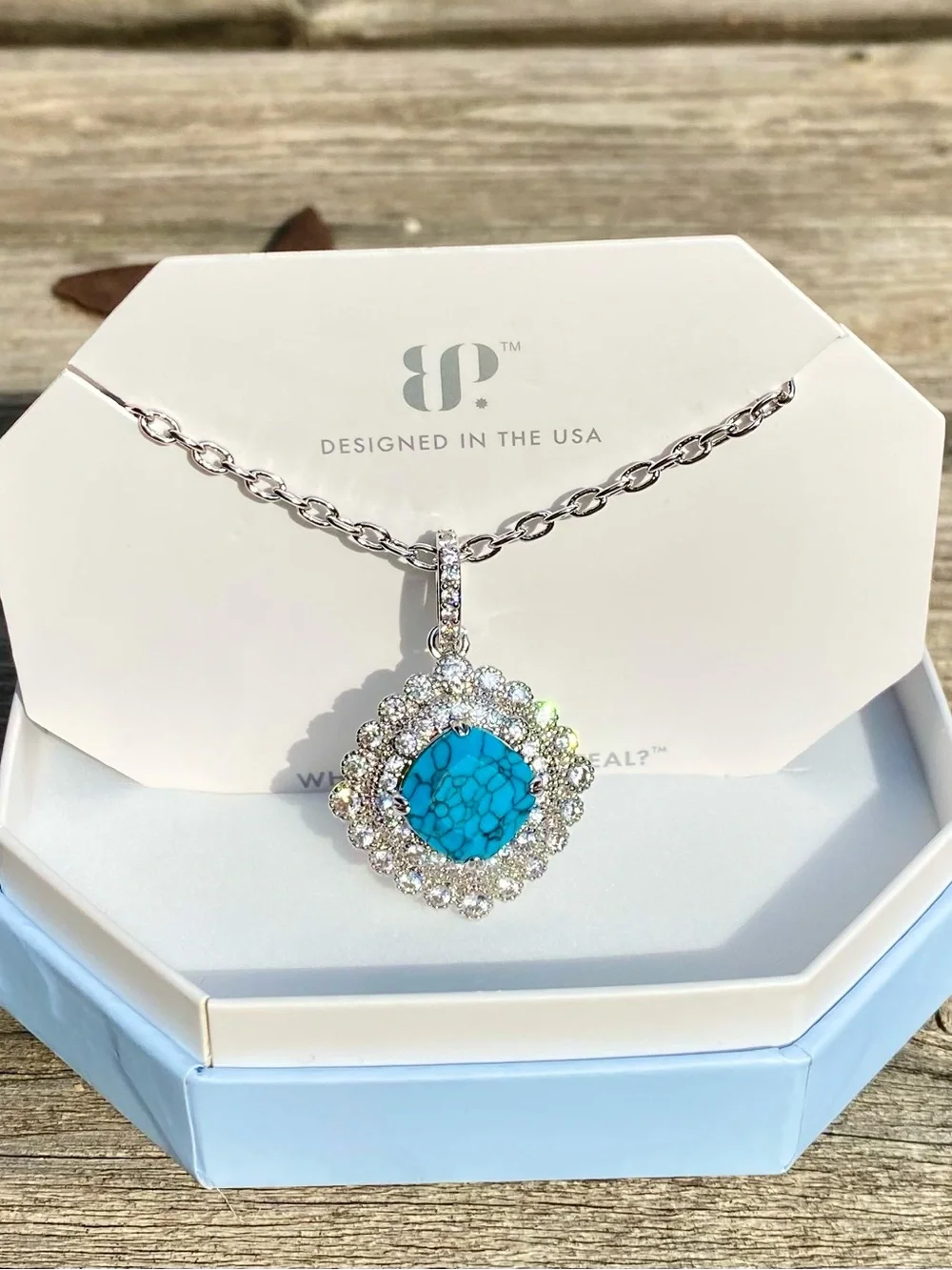 BP Turquoise Magnesite Halo Pendant Necklace On Rhodium Plating